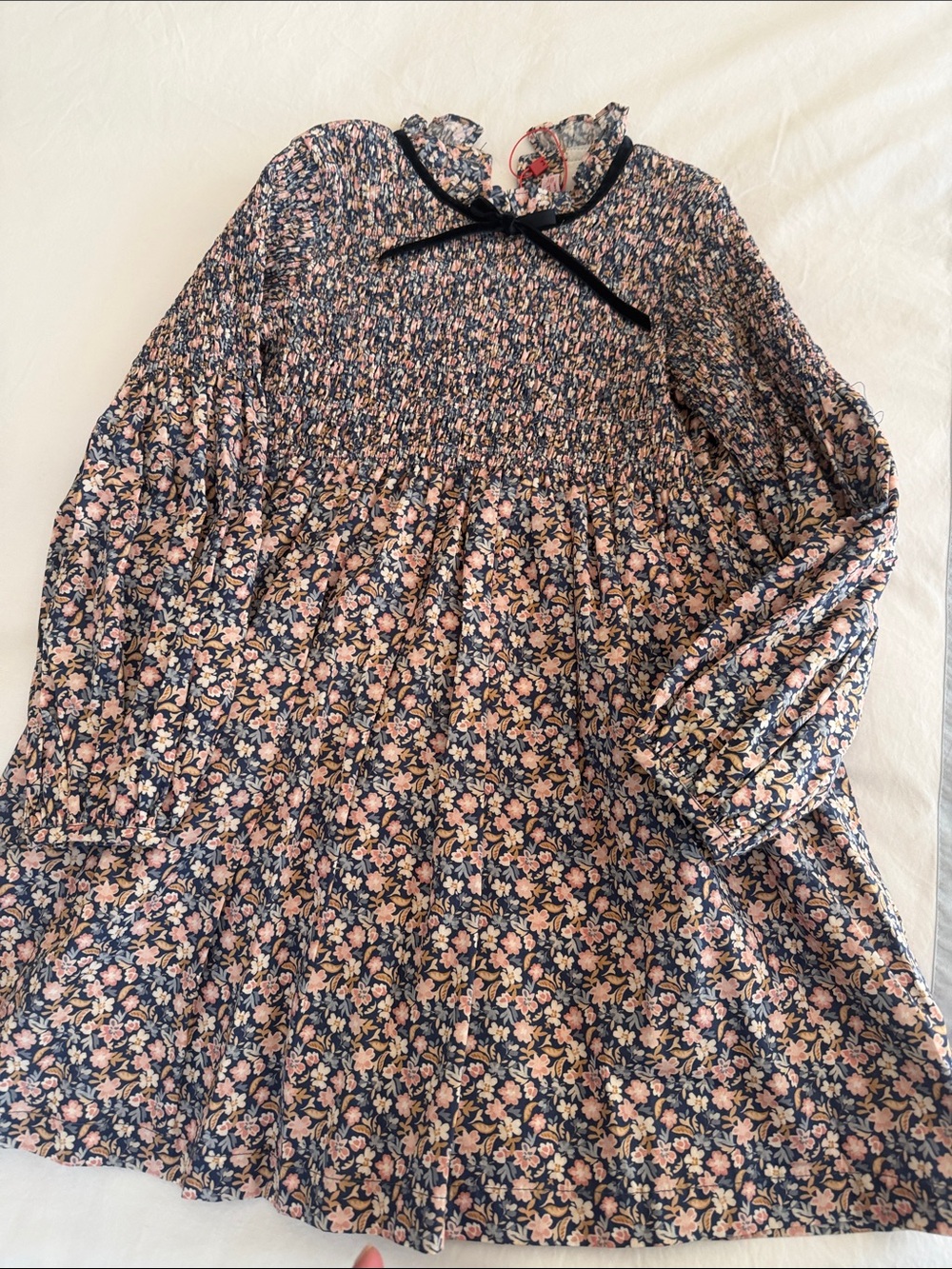 Girls Floral Smocked Tunic Dress - Navy & Pink